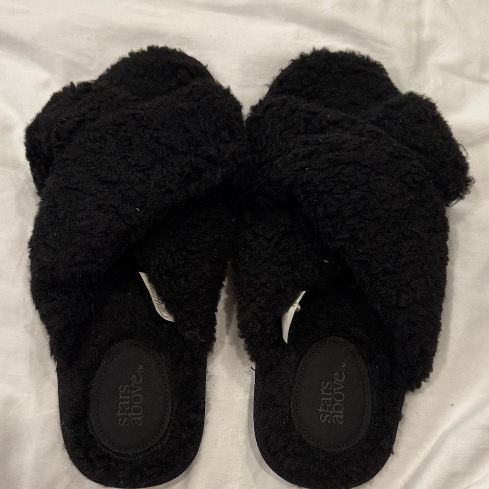 Stars Above Black Plush Slippers